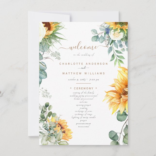 Cascading Sunflower Greenery Wedding  Program (Front)
