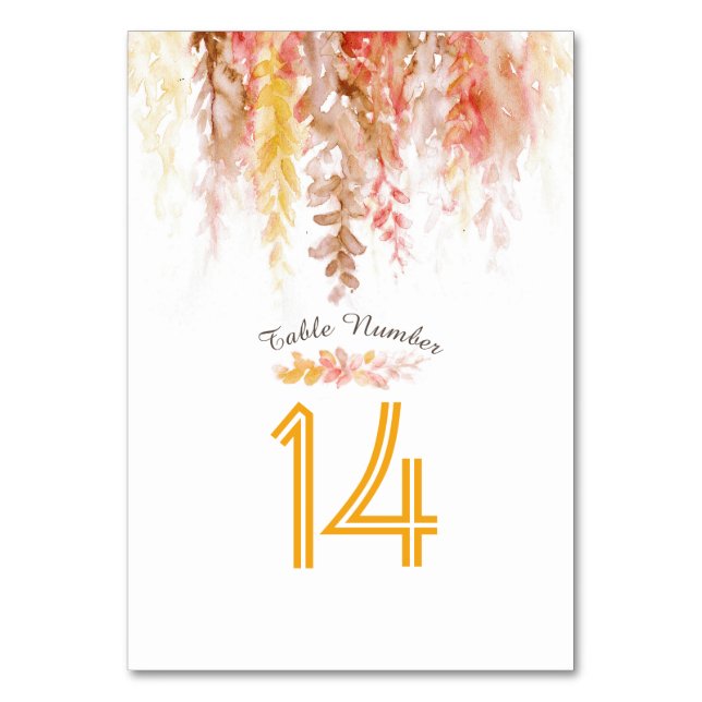 Cascading vine orange brown watercolor fall table number (Back)