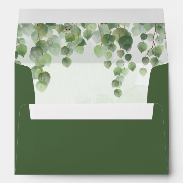 Cascading Watercolor Eucalyptus Rustic Olive Green Envelope (Back (Bottom))