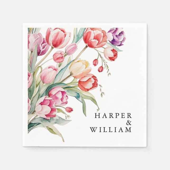 Cascading watercolor spring tulips wedding napkin (Front)