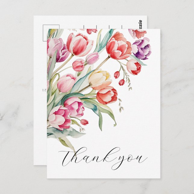 Cascading watercolor tulips thank you postcard (Front/Back)