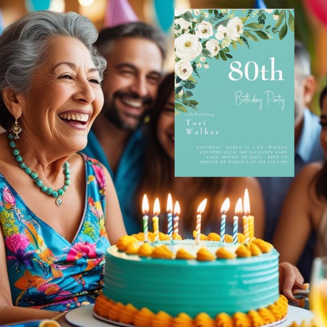 Cascading White Floral Turquoise 80th Birthday Invitation (Creator Uploaded)