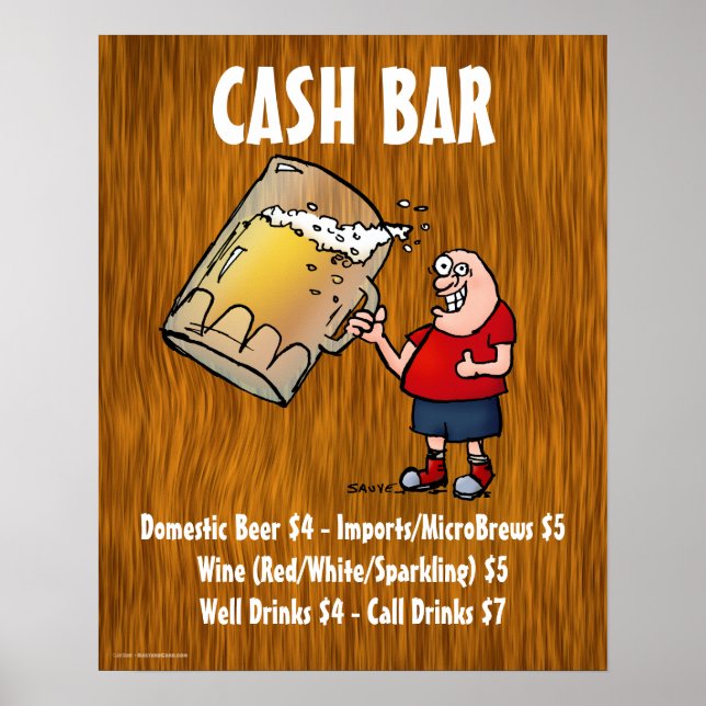 Cash Bar Sign With Funny Guy on Wood Background (Front)