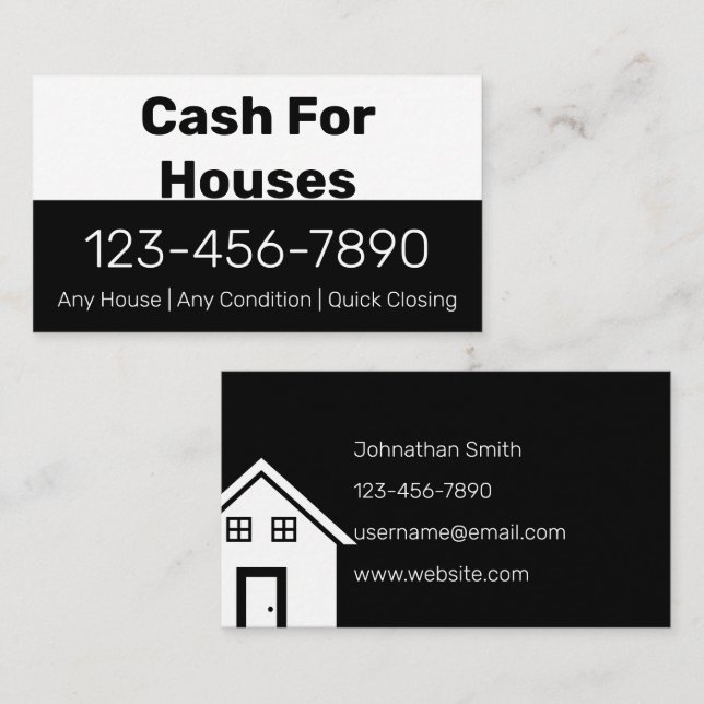 Cash For Houses Black and White Buyer Contact Info Business Card (Front/Back)