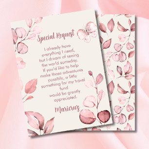 Cash Gift Request Pink Botanical Travelling Fund Enclosure Card