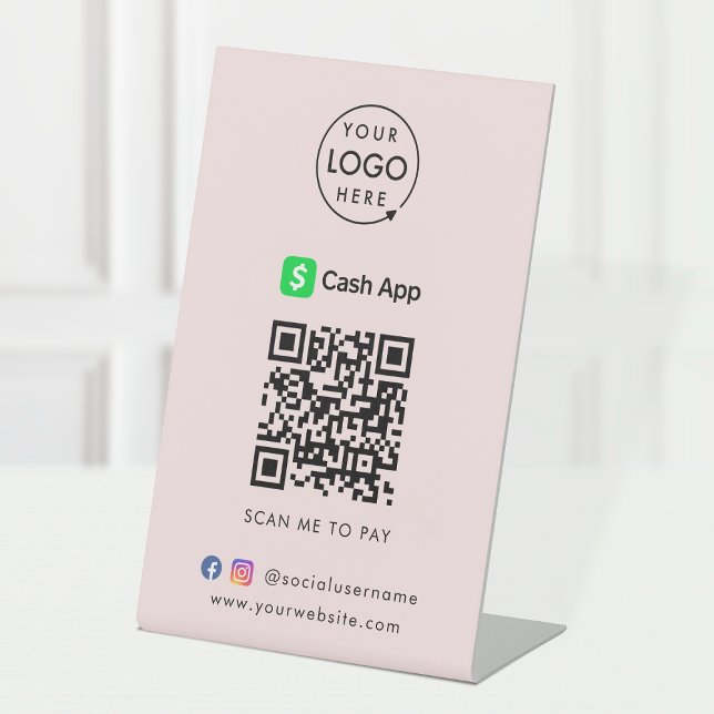 CashApp Electronic Payment | QR Code Modern Pink Pedestal Sign (Interactive "scan to pay” QR code cash wrap table signage for collecting digital payment by CashApp.)