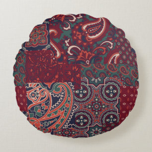 cashmere paisley silk fabric patchwork abstract vi round cushion