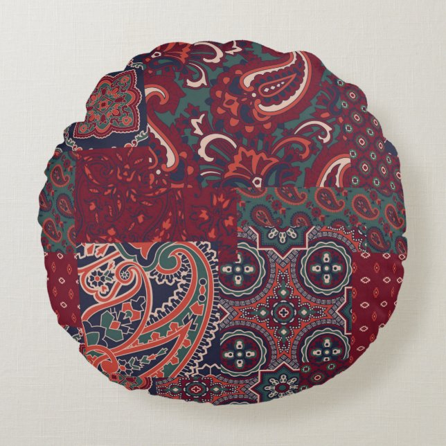 cashmere paisley silk fabric patchwork abstract vi round cushion (Front)