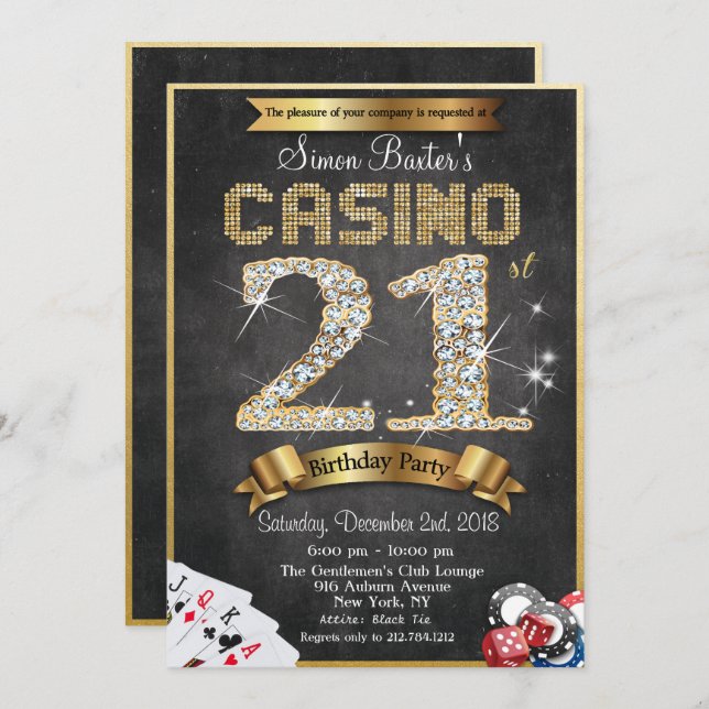Casino 21st Gold Diamond Birthday Invitation (Front/Back)