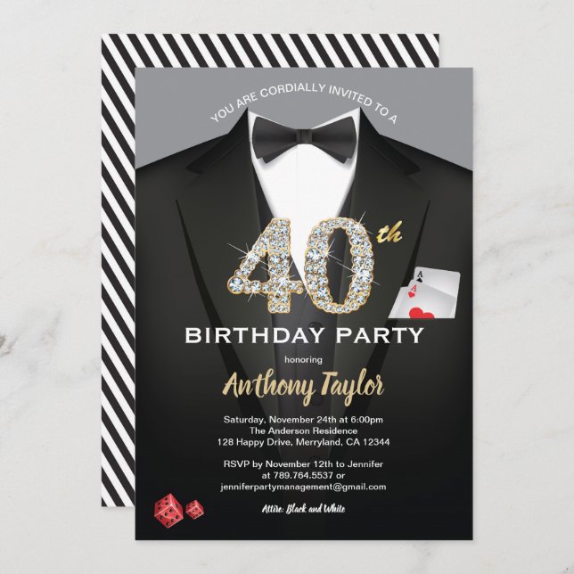 Casino 40th birthday invitation. Black and gold Invitation (Front/Back)