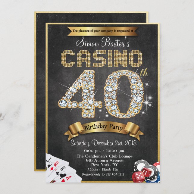 Casino 40th Gold Diamond Birthday Invitation (Front/Back)