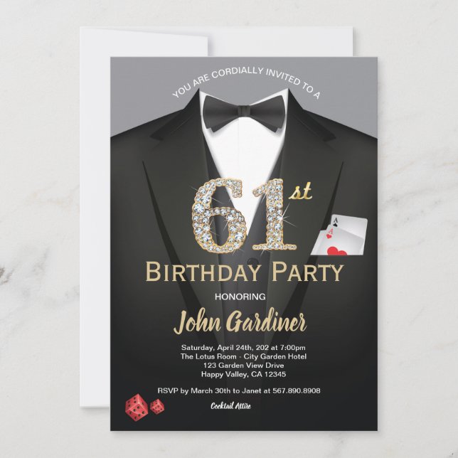 Casino 61st Birthday Party Invitation For Man (Front)