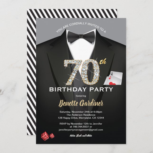 Casino 70th birthday invitation. Black and gold Invitation (Front/Back)