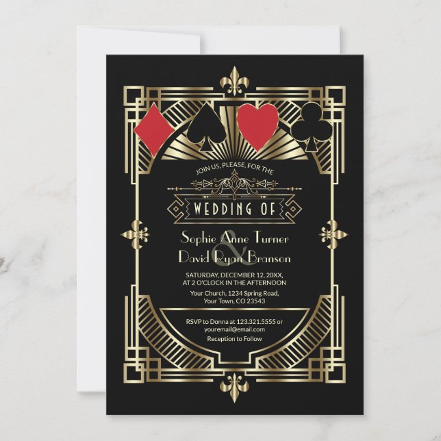 Casino Gold Black Art Deco Roaring 20s Wedding Invitation (Front)