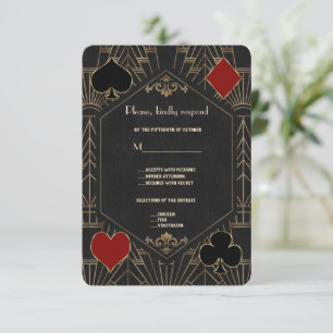 Casino Gold Black Gatsby 1920s Gambling Wedding RSVP Card