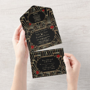 Casino Gold Black Gatsby 20s Art Deco Wedding   All In One Invitation