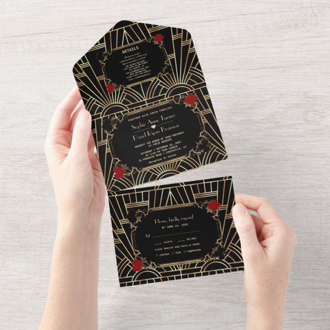 Casino Gold Black Gatsby 20s Art Deco Wedding   All In One Invitation (Tearaway)