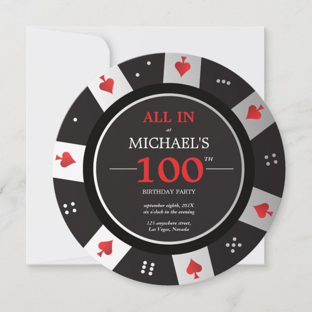 Casino Las Vegas Poker Chip 100th Birthday Invitation (Front)