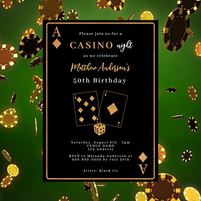 Casino night black gold birthday invitation (Creator Uploaded)