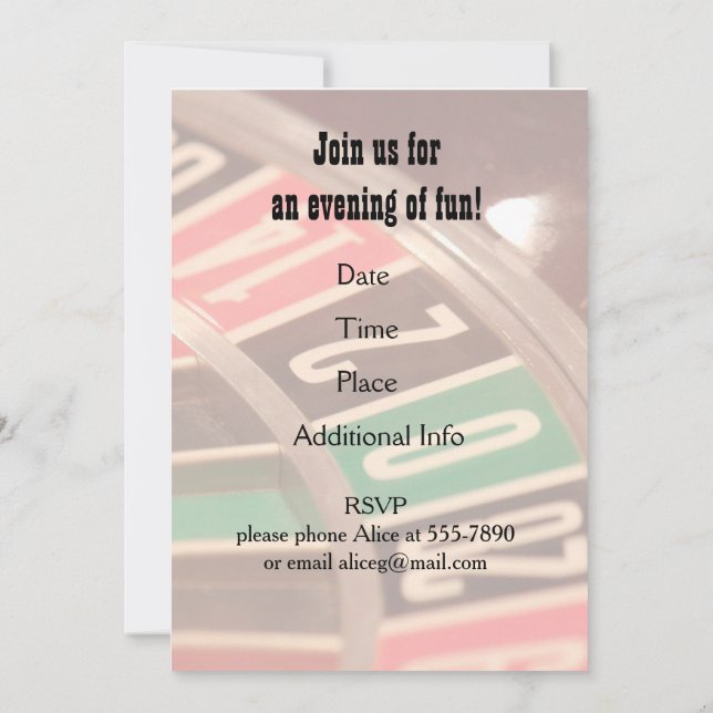Casino Night Roulette Wheel with Retro Flair Invitation (Back)