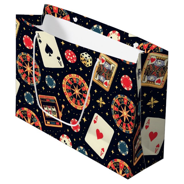 Casino pattern theme on black large gift bag (Front Angled)