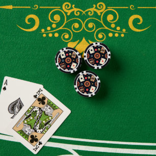 Casino pattern theme on black poker chips