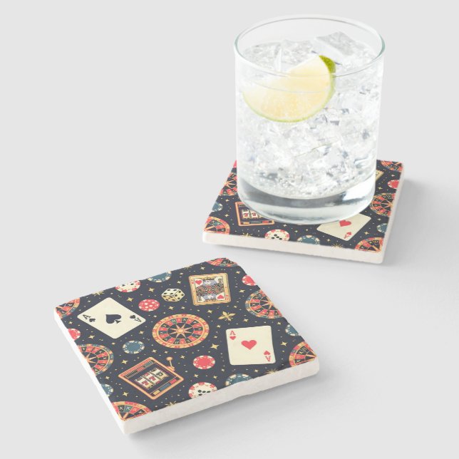 Casino pattern theme on black stone coaster (Side)