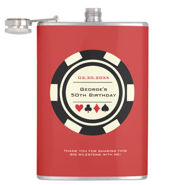 Casino Poker Chip Black Off-White on Red Birthday Hip Flask (Opened)