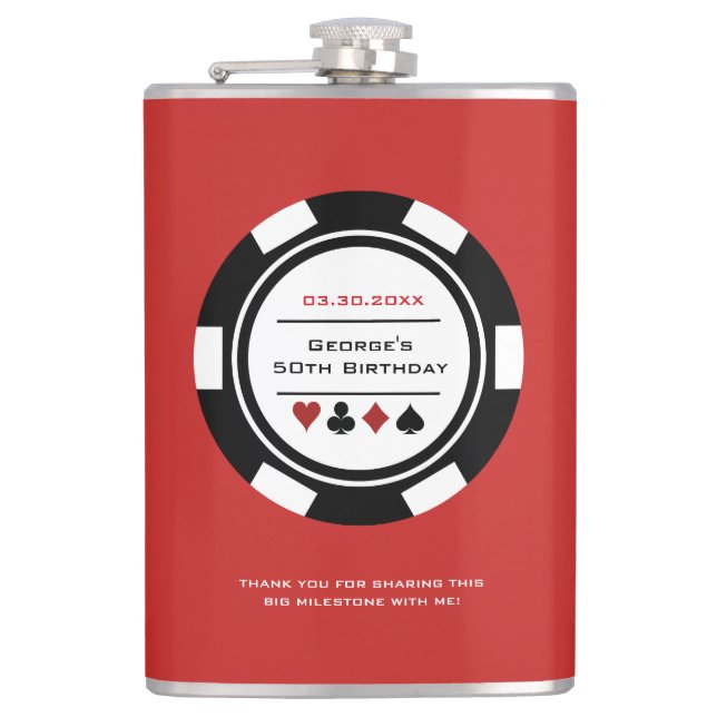 Casino Poker Chip Black Red and White Birthday Hip Flask (Front)