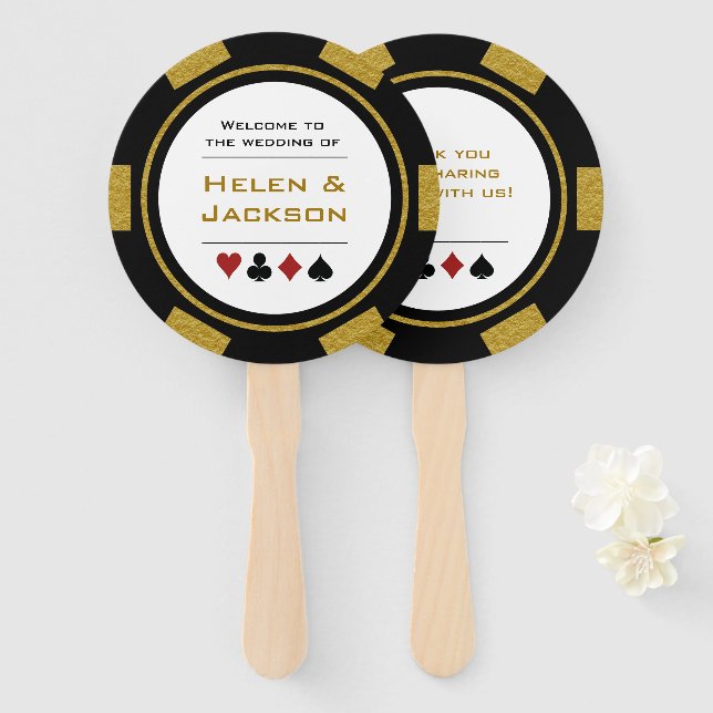 Casino Poker Chip Gold Black Welcome To Wedding Hand Fan (Front and Back)