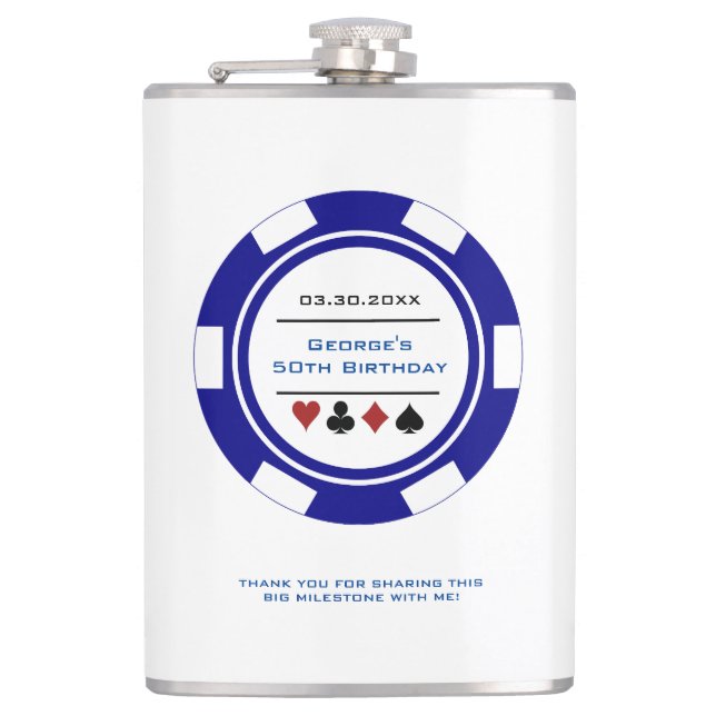 Casino Poker Chip Navy Blue White Birthday Flask (Front)