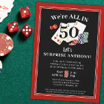 Casino Poker Surprise Birthday Party Invitation<br><div class="desc">Go ALL IN with your surprise birthday party with a casino or poker party theme with these editable red and black invitations customised with the age of the honoree and featuring playing cards, dice and poker chips. ASSISTANCE: For help with design modification/personalisation, colour change, transferring the design to another product...</div>