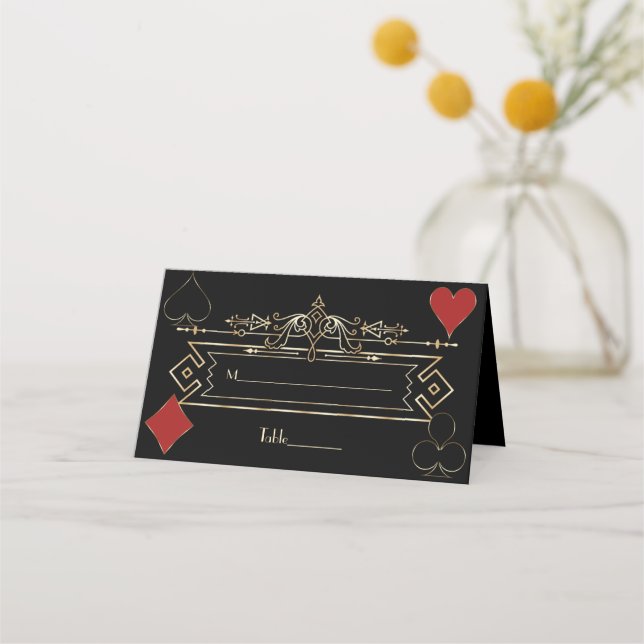 CasinoGold Black Art Deco Roaring 20s Wedding Place Card (Front)