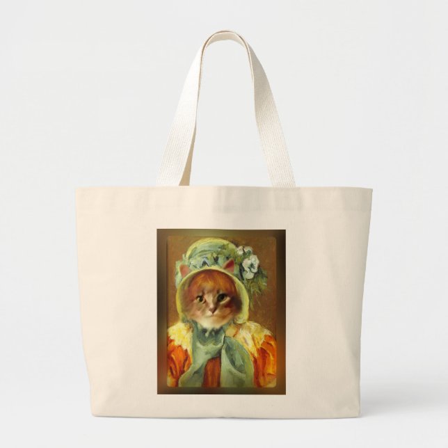 Cassatt Bonnet on Kitten  Large Tote Bag (Front)