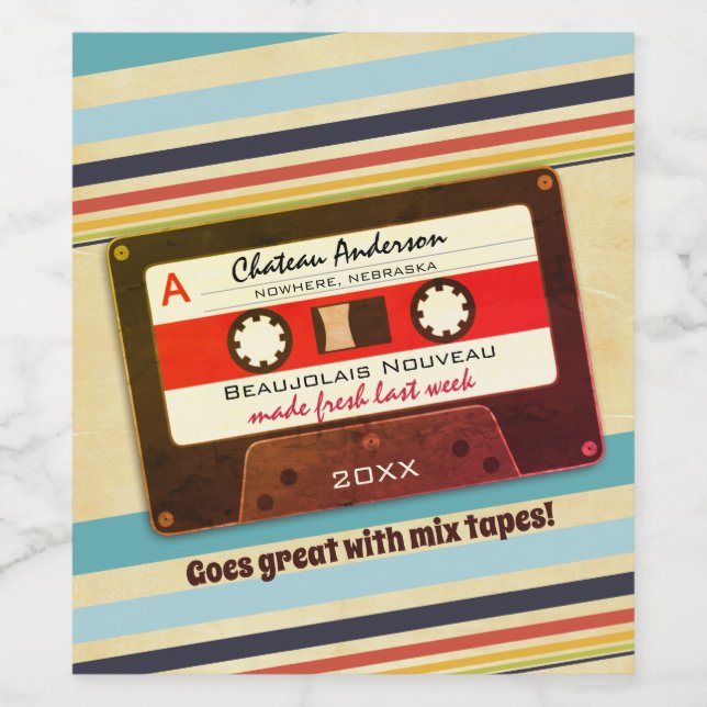 Cassette mix tape 70s retro personalised homemade wine label (Single Label)