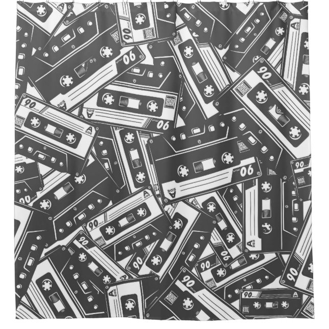 Cassette Tape: Monochrome Vintage Pattern Shower Curtain (Front)