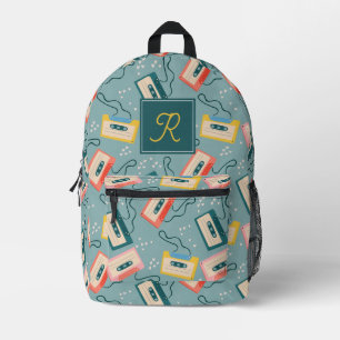 Cassette Tape Pattern Monogram Blue Printed Backpack