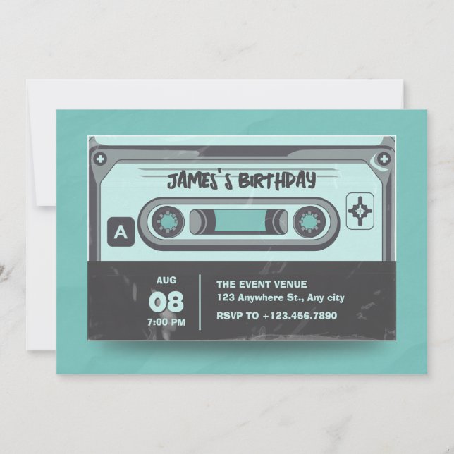 Cassette tape vintage green black birthday invitation (Front)