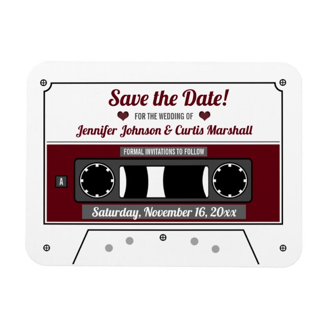 Cassette Tape Wine Red Wedding Save the Date Magnet (Horizontal)