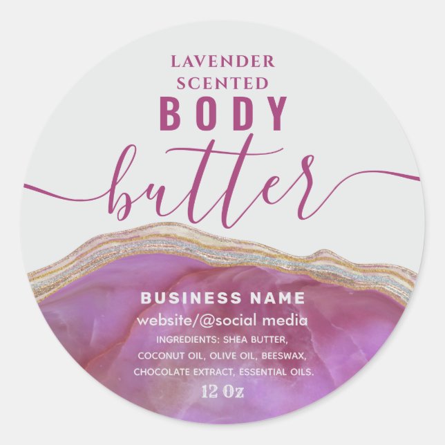 Cassis Blush marble agate script body butter label (Front)