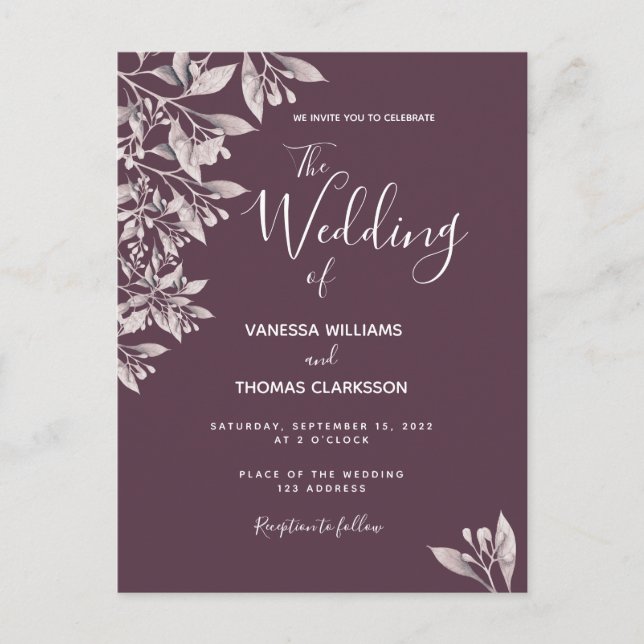 Cassis botanical purple script wedding invitation postcard (Front)
