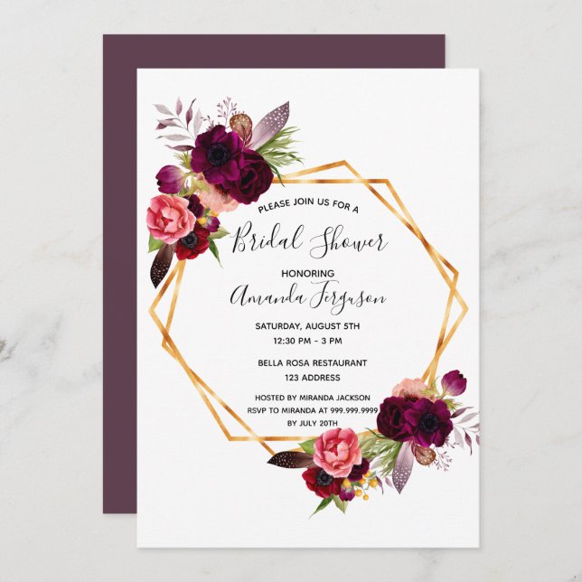 Cassis burgundy floral geometric bridal shower invitation (Front/Back)