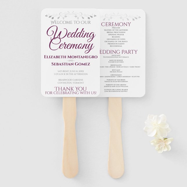 Cassis & Grey Elegant Wedding Fans with Program (Front and Back)