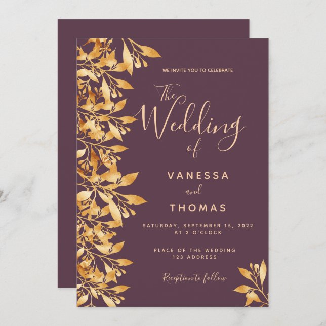 Cassis maroon gold botanical script wedding invitation (Front/Back)