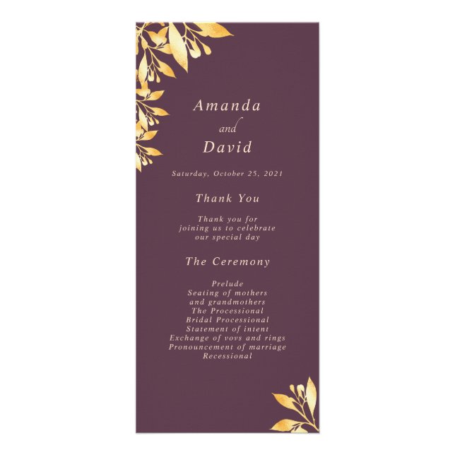Cassis maroon gold botanical wedding program rack card (Front)