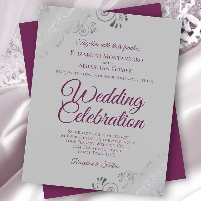Cassis on Grey Frilly Budget Wedding Invitation (Creator Uploaded)