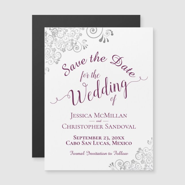Cassis on White Silver Lace Save the Date Magnet (Front/Back)