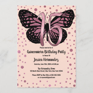 Cassis Pink Butterfly Glitter Confetti Quinceañera Invitation