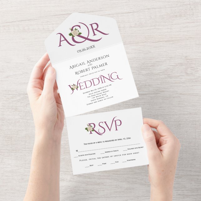 Cassis purple ampersand with white rose wedding all in one invitation (Tearaway)