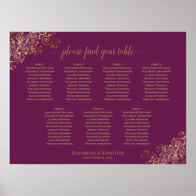 Cassis Purple & Gold 7 Table Wedding Seating Chart (Front)